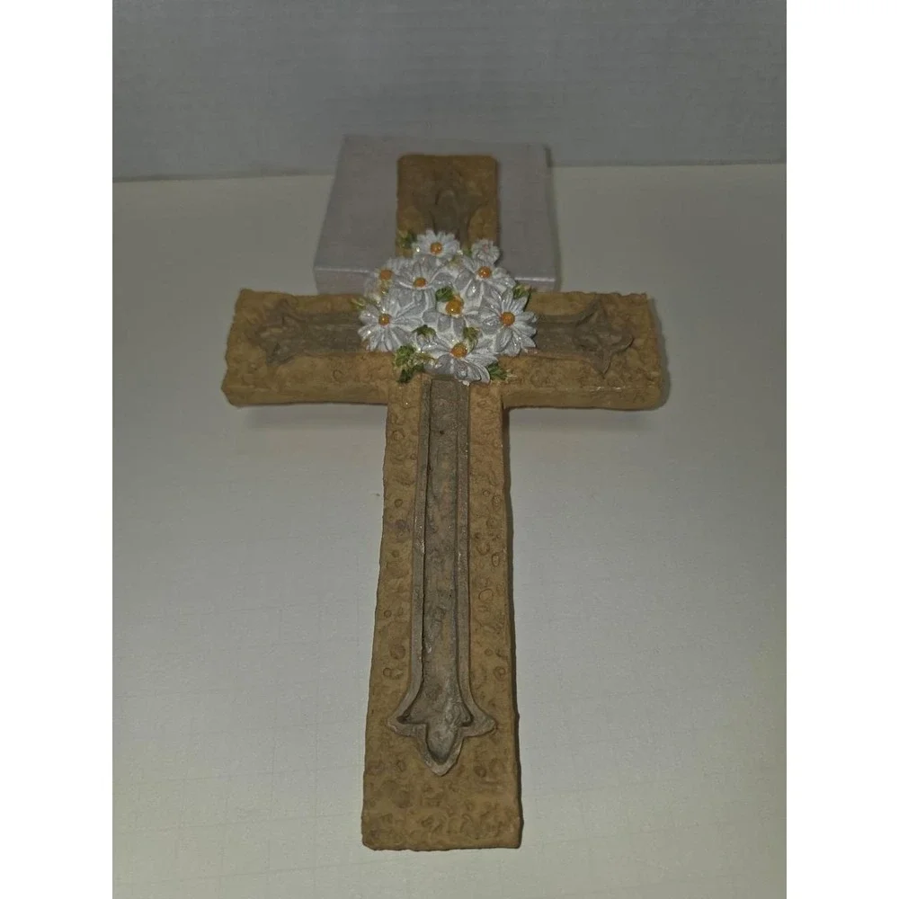 vintage resin Rejoice‎ religious cross decorative stone texture floral daisy